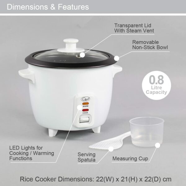 Quest 35530 0.8L Rice Cooker/Up to 4 Servings/Non-Stick Removable Bowl/Keep Warm Functionality/Includes Measuring Cup & Spatula/Cook White or Brown Rice, Porridge and more