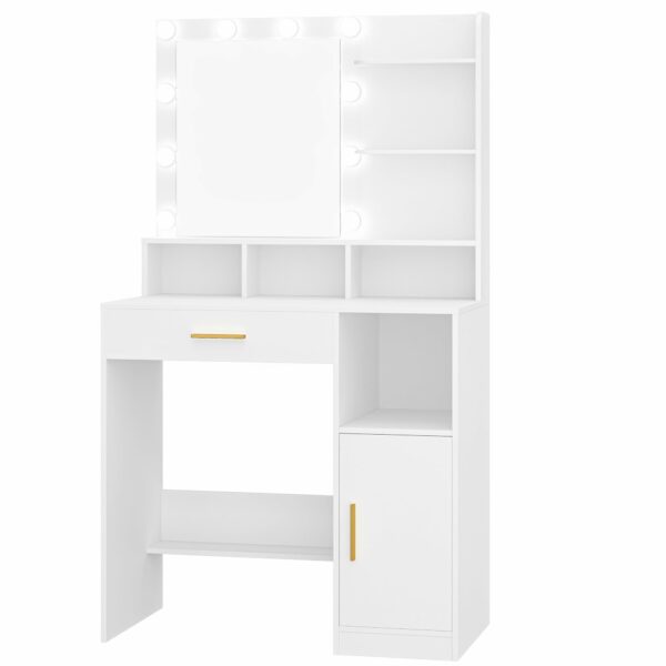 Hzuaneri Dressing Table with Mirror and 10 LED Lights,Vanity Table, Makeup Vanity with 3 Shelves & 4 Open Compartments, Large Drawer & Cabinet, Adjustable Lighting Brightness, White VT08103XUK