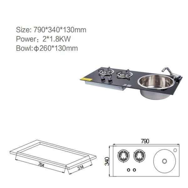 RV Gas Stove Cooker, 2 Burners Gas Stove Hob and Sink Combo High Gas Cooktop Gas Stove Cooker, for RV Caravan, Camping, Boating Bar Hand Sink