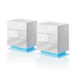 Tukailai Set of 2 Bedside Table with LED Light, 3 Drawers Bedside Cabinet White High Gloss Front Nightstand Cabinet for Bedroom Living Room
