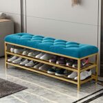 Metal Entrance Shoe Rack - Large Capacity Luxury Upholstered Shoe Storage Bench with Velvet Seat - Modern Shoe Bench for Hallway Accent Furniture