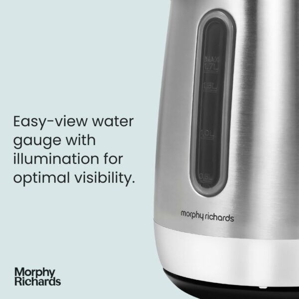 Morphy Richards Equip Jug Kettle, 1.7L, 3Kw Rapid boil, Removeable Limescale Filter, Easy View Water Gauge, Brushed Stainless Steel Case, 102786