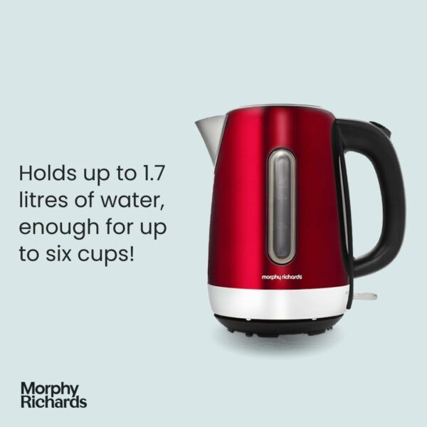 Morphy Richards Equip Jug Kettle, 1.7L, 3Kw Rapid boil, Removeable Limescale Filter, Easy View Water Gauge, Stainless Steel Case, Red, 102785