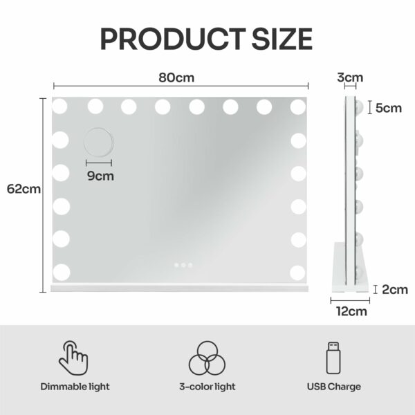 YOURLITE Hollywood Vanity Mirror with Lights, 80×62cm Lighted Makeup Mirror with 18 Dimmable Led Bulbs, 3 Lighting Modes, Touch Screen Control, Tabletop and Wall Mounted for Bedroom