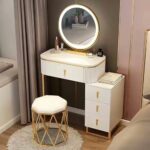 Dressing Table Set with LED Lights Mirror and 4 Drawers, Wooden Makeup Vanity Desk Stool, Modern Makeup Vanity Dressing Table with Cushioned Stool, for Women Girls,Wit,L:60cm/23.6 inch