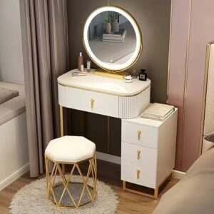 Dressing Table Set with LED Lights Mirror and 4 Drawers, Wooden Makeup Vanity Desk Stool, Modern Makeup Vanity Dressing Table with Cushioned Stool, for Women Girls,Wit,L:60cm/23.6 inch