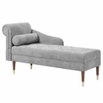 Vesgantti Velvet Chaise Longue, Indoor Lounge Sofa with Left Armrest and Lumbar Pillow, Upholstered Chaise Lounge for Living Room Bedroom and Office, Tool-free Assembly(Grey)