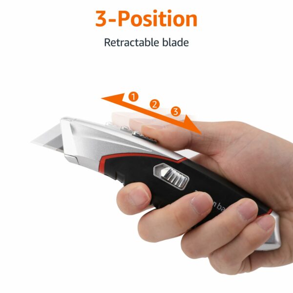 Amazon Basics Heavy Duty Retractable Auto-Load Ergonomic Utility Knife 3-Position Locking Blade with 4 Replaceable Blades