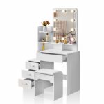 Tukailai Dressing Table with LED Lights Mirror and Stool, Corner Vanity Makeup Desk Set with 4 Drawers and 3 Storage Shelves