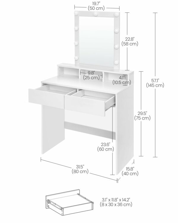 VASAGLE Dressing Table, LED Lights with Adjustable Brightness, Vanity Table with Mirror, 2 Drawers and 3 Compartments, Makeup Table, Modern, White RDT194T14