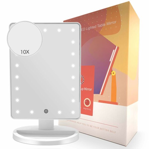 FASCINATE Makeup Vanity Mirror with Lights and Detachable 10X Magnification, 21 Led Lights Adjustable Dimming Touch Sensor, Dual Power Supply, 180° Rotation, Portable Cosmetic Mirror
