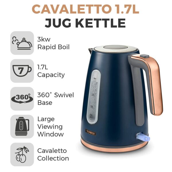 Tower T10066BLU Cavaletto Jug Kettle with 360° Swivel Base, 1.7L, 3KW, Midnight Blue and Rose Gold
