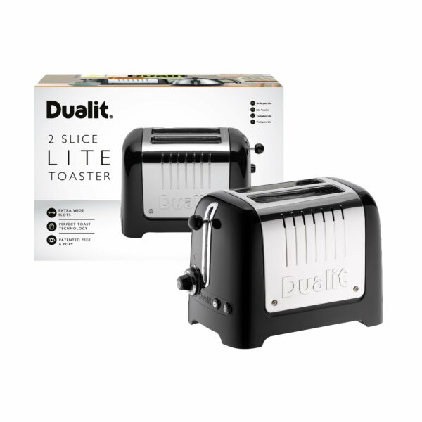 Dualit 2 Slice Lite Toaster | 1.1kW Toasts 60 Slices an Hour | Polished with High Gloss Black Trim | Bagel & Defrost Settings | 36 mm Wide Slots | 26205