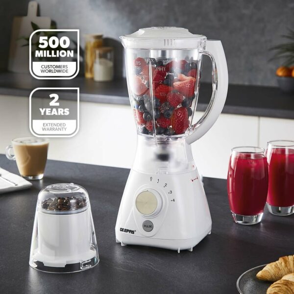 Geepas 550W 2 in 1 Food Jug Blender with 1.5L BPA Free Jar | 4 Sharp Stainless Steel Blades with 4 Speed Pulse Function | Ice Crusher, Mill, Coffee/Spice Grinder & Smoothie Maker - 2 Year Warranty