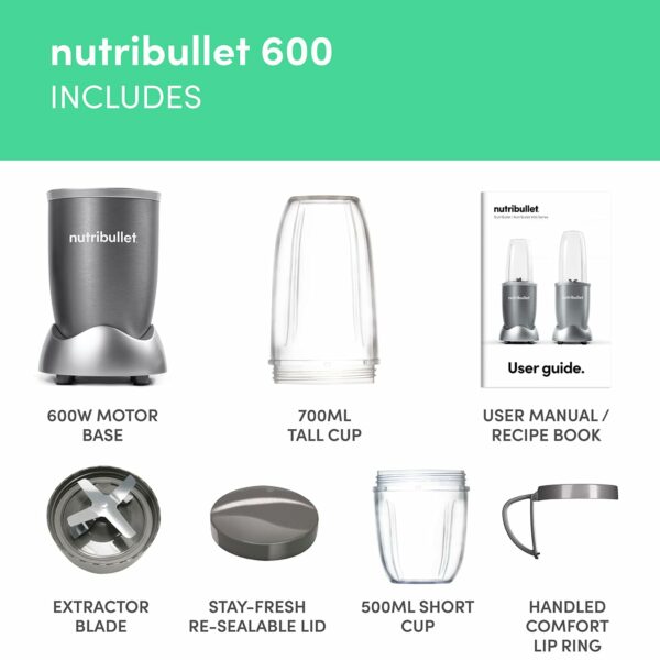 nutribullet Blender 600 Series - Powerful 20,000 RPM Extractor Blends Frozen Fruit, Nuts & Ice - 7 Piece Kit Includes Tall Cup, Short Cup, Handled Ring & Sealable Lid - Ideal for Smoothies