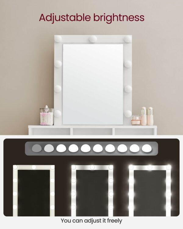 VASAGLE Dressing Table, LED Lights with Adjustable Brightness, Vanity Table with Mirror, 2 Drawers and 3 Compartments, Makeup Table, Modern, White RDT194T14