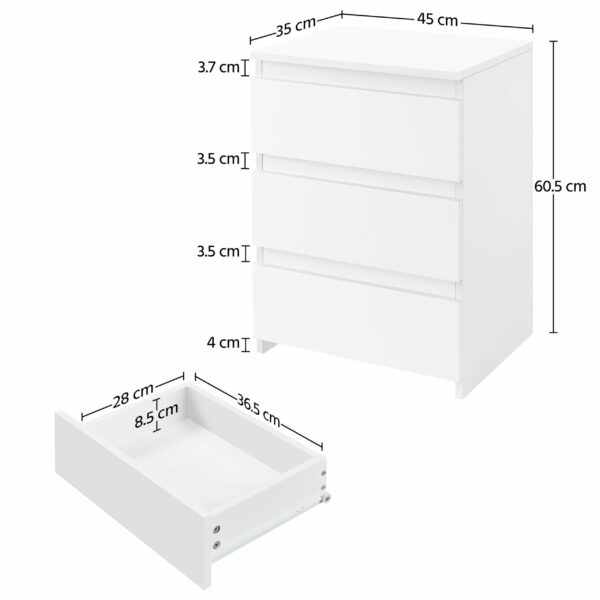 Yaheetech White Bedside/Side/End Tables with 3 Drawers Vertical Storage for Living Room Bedroom Nightstand Table 35 x 45 x 60.5 cm