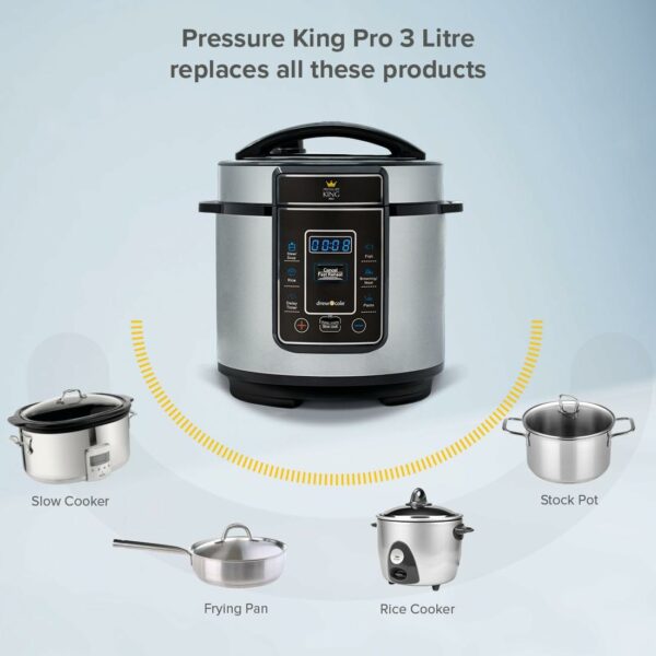 Drew & Cole Pressure King Pro Electric Pressure Cooker 3L - 700W - Chrome - 8-in-1 Multi Cooker with Digital Display - Non Stick Pot - Rice Cooker, Slow Cooker & Soup Maker All in One