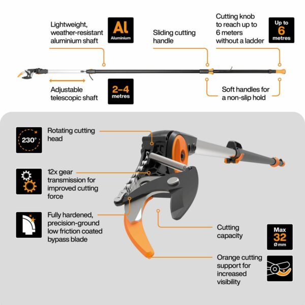 Fiskars PowerGear X Telescopic Tree Pruner UPX86, Non-stick Coated, Steel Blade/Aluminium Handle, Length 2.4 - 4 m, Black/Orange, 1023624