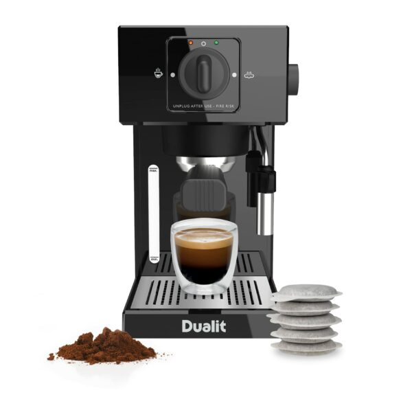 Dualit Espresso Coffee Machine | 1.4L Capacity | Black | Manual Dosing Coffee Maker| Filter Holder, Frother & Water Softener Bag Included | 84470