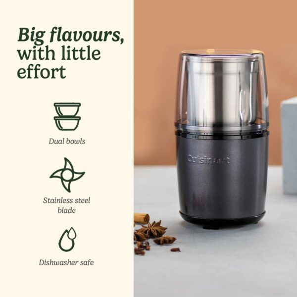 Cuisinart Electric Spice Grinder Coffee Grinder, Nut Grinder, Seed Grinder for Kitchen, Wet & Dry Electric, Easy to Use Dual Stainless Steel Bowls with Storage Lids Dishwasher Safe