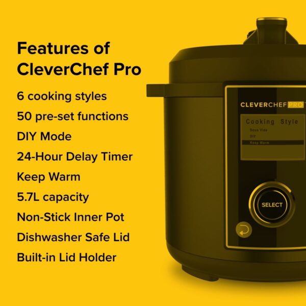 CleverChef Pro- 6-in-1 Digital Pressure Cooker 5.7L - Multicooker, Slow Cooker, Soup Maker, Rice Cooker, Sous Vide - Free Drew&Cole Recipe App - Energy Efficient Cooking - Non-Stick Coating - Black