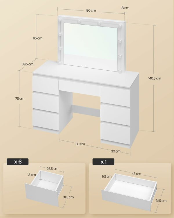 WOLTU Dressing Table with LED Bulb Lights, Adjustable Brightness, Vanity Table Makeup Desk with Large Mirror and 7 Drawers, 110 x 140.5 x 39.5 cm, White Bedroom Dresser Cosmetic Table, MB6099ws