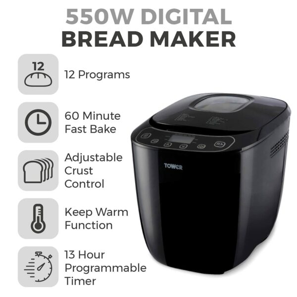Tower T11003 2 lb Digital Bread Maker with 12 Automatic Programs, 13 Hours Delay Timer, 60 Minutes Keep Warm Function, Adjustable Crust Control, Non-Stick Bread Pan, 550 W, Black