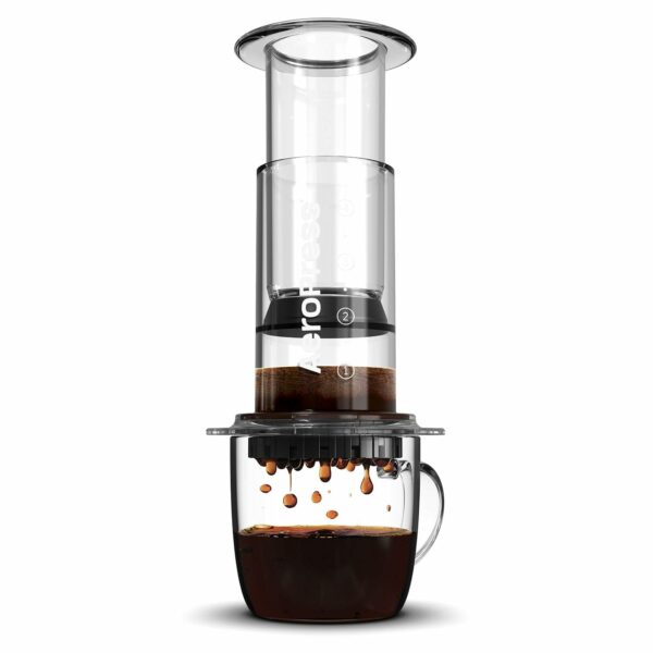 AeroPress Clear Coffee Press – 3 in 1 brew method combines French Press, Pourover, Espresso - Full bodied coffee without grit or bitterness - Small portable coffee maker for camping & travel