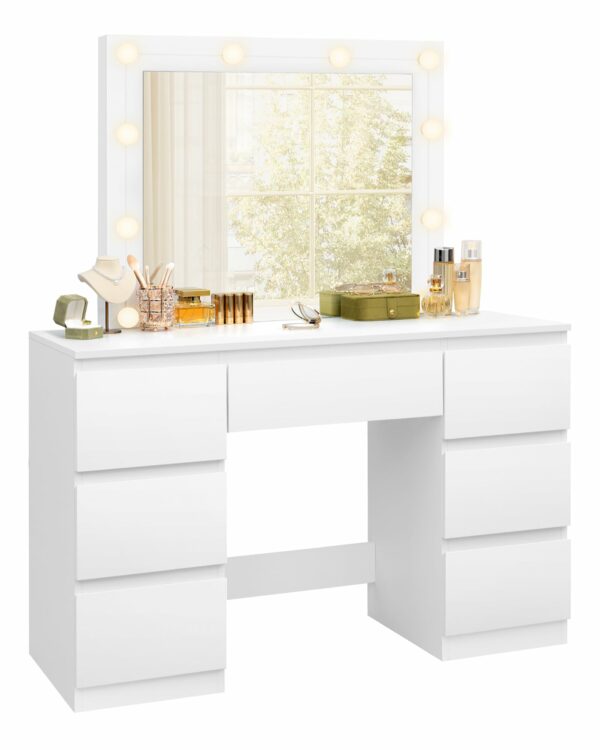 WOLTU Dressing Table with LED Bulb Lights, Adjustable Brightness, Vanity Table Makeup Desk with Large Mirror and 7 Drawers, 110 x 140.5 x 39.5 cm, White Bedroom Dresser Cosmetic Table, MB6099ws