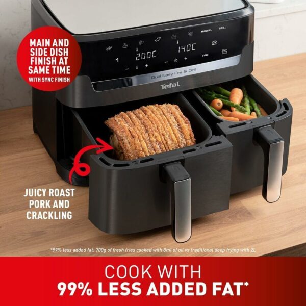 Tefal Easy Fry Dual Zone Digital Air Fryer, 2 Drawers, 8.3L, 8in1, Air Fry, Extra Crisp, Roast, Bake, Reheat, Dehydrate, 6 Portions, Non-Stick, Dishwasher Safe Baskets, Black & Metal EY901840