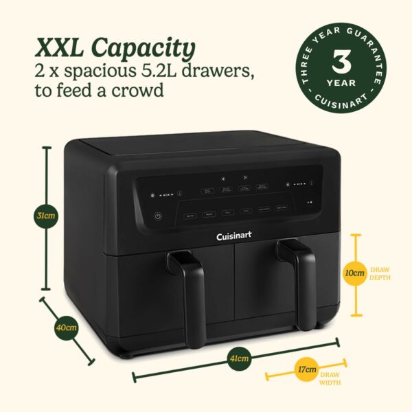 Cuisinart XXL10.4L Air Fryer with 2 x 5.2L Drawers |PFAS Free|Chemical-free cooking | Air Fry, Roast, Grill, Bake, Dehydrate, Max Crisp, Keep Warm | Dual Zones - cook 8+ portions|Dishwasher Safe
