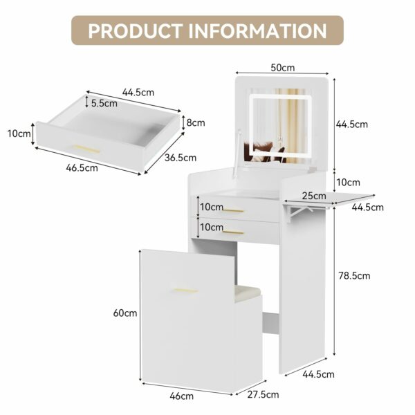 YOURLITE Dressing Table with Flip-top Mirror and LED Lights, Integrated Makeup Table for Small Spaces, Compact Small Vanity Desk Set with Fold-up Panel, Cushioned Storage Stool for Bedroom, White