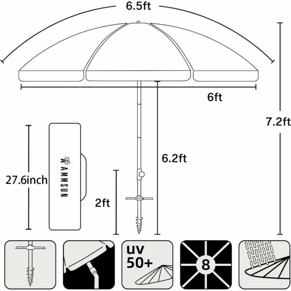 AMMSUN 6.5ft Twice Folded Portable Beach Umbrella with Sand Anchor Windproof,Push Button Tilt and Air Vent UV 50+ Protection Fits in a Large Suitcase for Patio Garden Beach Pool Backyard Blue
