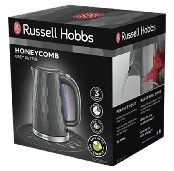Russell Hobbs Honeycomb Electric 1.7L Cordless Kettle (Fast Boil 3KW, Grey premium plastic, matt & high gloss finish, Removable washable anti-scale filter, Push button lid, Perfect pour spout) 26053