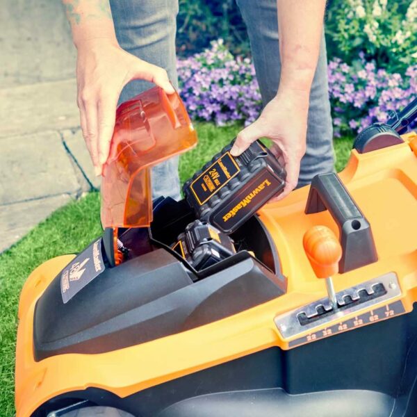 LawnMaster 48V 41cm Cordless Lawnmower with Spare MX 24V 4.0 Ah Batteries and 2x Fast Chargers - with Edging Comb, Rear Roller and Mulching Function - For Large Lawns