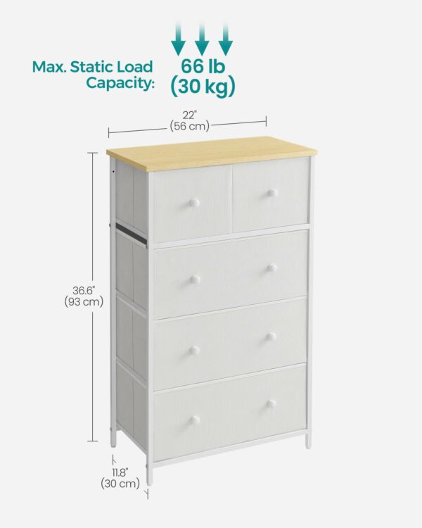 SONGMICS Chest of Drawers, Fabric 5-Drawer Storage Organiser Unit, Dresser, for Living Room, Hallway, Nursery, White and Oak LTS514W57