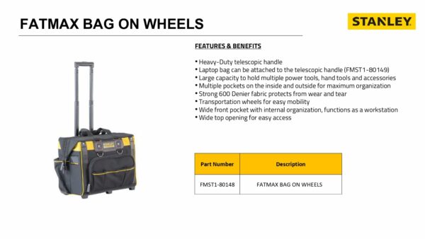 Stanley Fatmax Open Mouth Rolling Rigid Tool Bag Trolley, Multi-Pockets Storage Organiser, FMST1-80148, Black