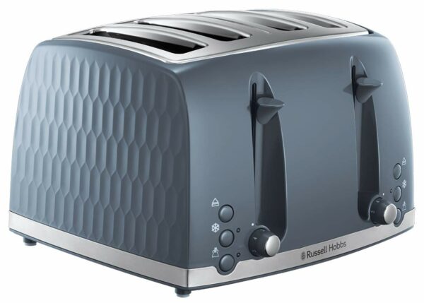 Russell Hobbs Honeycomb 4 Slice Toaster (Independent & Extra wide slots with high lift, 6 Browning levels, Frozen/Cancel/Reheat function, Removable crumb tray, 1500W, Grey textured high gloss) 26073