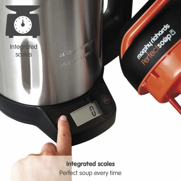 Morphy Richards Perfect Soup Maker with Integrated Scales, 1.6L, Easy Clean Setting, Keep Warm, Smooth, Chunky & Smoothie/Blend, LED Display, Overfill Sensor, 1000W, Stainless Steel, 501025.