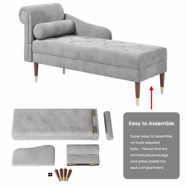 Vesgantti Velvet Chaise Longue, Indoor Lounge Sofa with Left Armrest and Lumbar Pillow, Upholstered Chaise Lounge for Living Room Bedroom and Office, Tool-free Assembly(Grey)