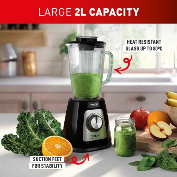 Tefal Blendforce II Blender, 2L Glass Jug, 1.25L Effective Capacity, 800W, 4 Removable Powelix Blades, Smoothie Blender, Ice Crush, 2 Speeds + Pulse Kitchen Blender, Black, BL435840