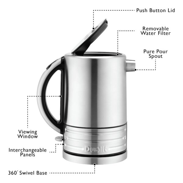 Dualit Architect Kettle | 1.5 L 2.3 KW Stainless Steel | Rapid Boil and Patented Pure Pour Non-Drip Spout | Measuring Window with Cup Level Indicators | CJK1, Black Trim Brushed Body