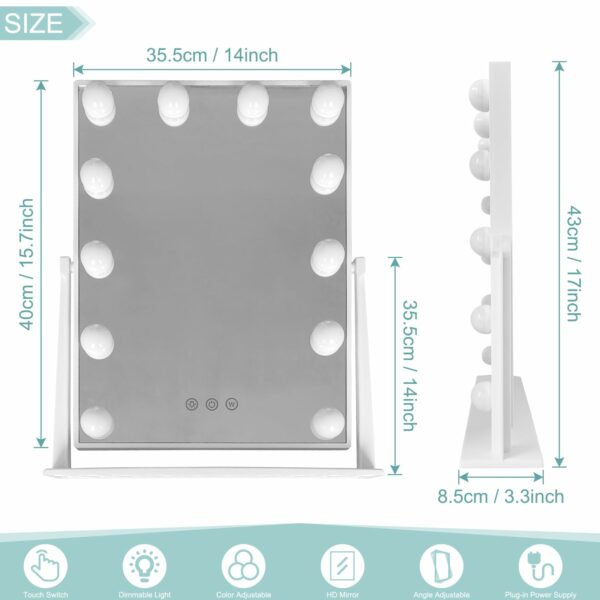Hibtn Hollywood Vanity Mirror With Lights,Lighted Makeup Mirror With 12 Dimmable Led Bulbs With 3 Color Light,Touchscreen Control, Dressing Tabletop USB Charging