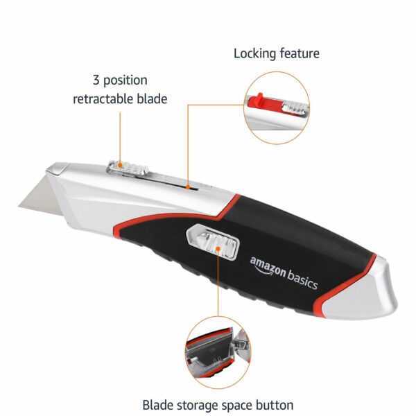 Amazon Basics Heavy Duty Retractable Auto-Load Ergonomic Utility Knife 3-Position Locking Blade with 4 Replaceable Blades
