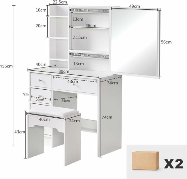 Tukailai White Vanity Dressing Table Set Corner Makeup Desk with 5 Drawers, 1 Slide Mirror, 7 Shelves and Stool Bedroom Furniture
