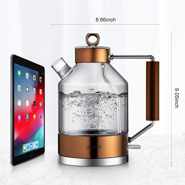 Electric Kettle, ASCOT Glass Electric Tea Kettle 1.6L 2200W Tea Heater & Hot Water Boiler, Borosilicate Glass, BPA-Free, Auto Shut-Off and Boil-Dry Protection (Copper)