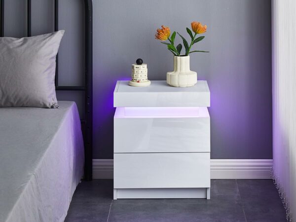 Tukailai Set of 2 White Bedside Table with 2 Drawers and Top Storage, Modern Gloss Front Bedside Cabinet with LED Lights