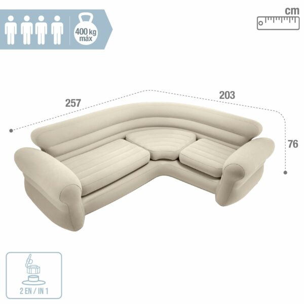 Intex Inflatable waterproof flocked top surface Corner Living Room Air Mattress, Sectional Sofa Couch for any rec room, game room, or dorm room 257 x 203 x 76 CM - Beige