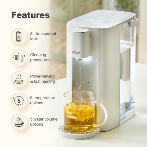 Bear 3L Hot Water Dispenser,6 Temperature Presets,2050W Fast Boil,5 water volume choices with LED Night Light and Cleaning Program，Energy-Efficient,Digital Touch screen,Cream-White